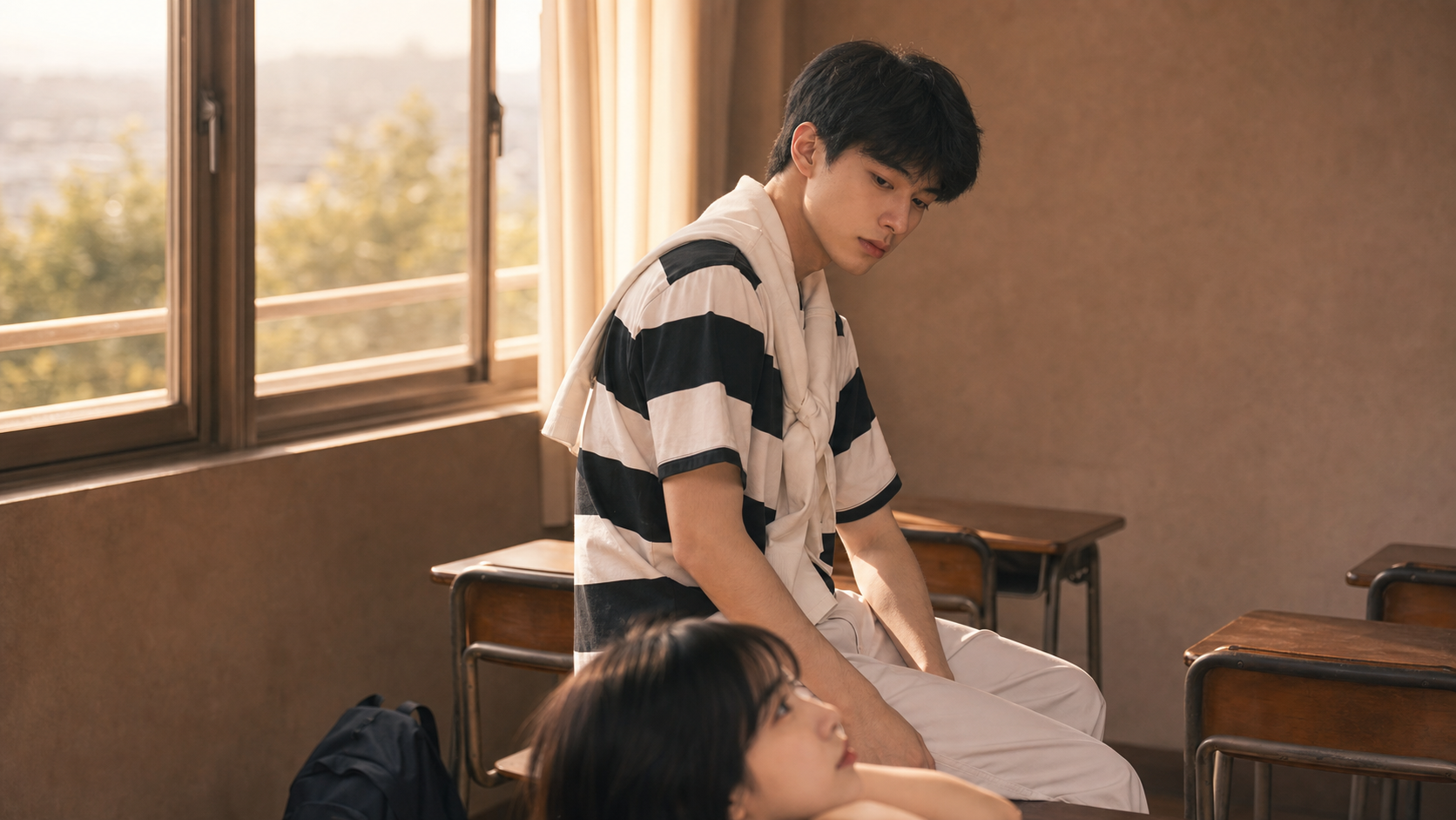 男生站在女生右侧,为她遮挡阳光。