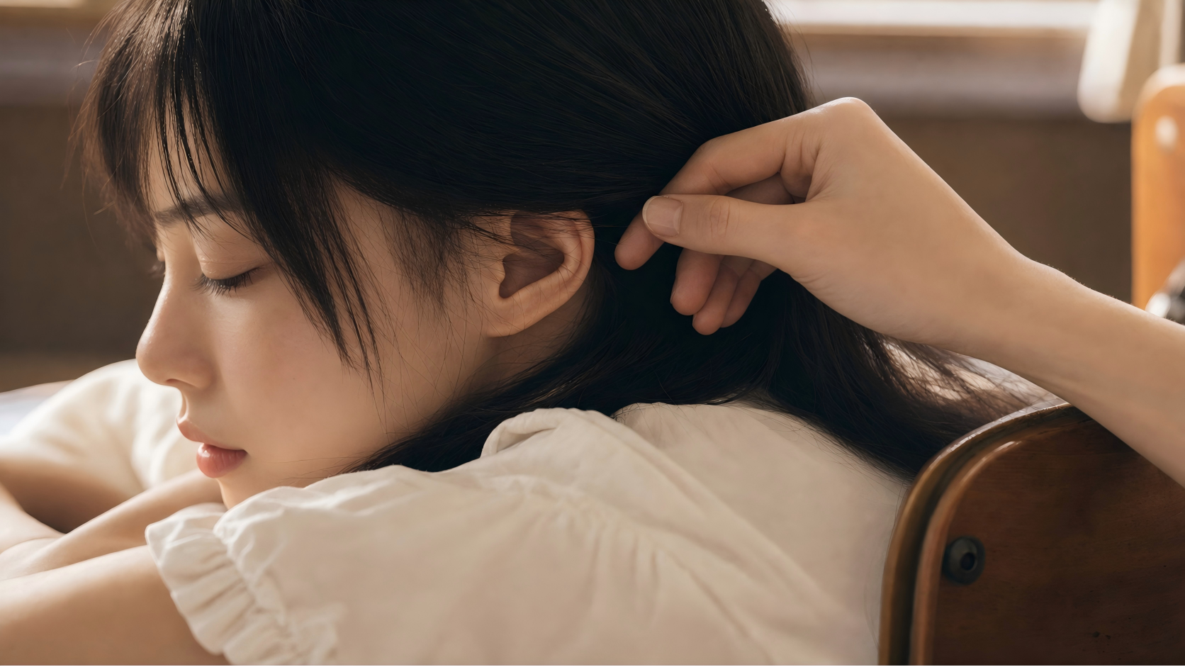 男生手靠近女生头发的关键帧